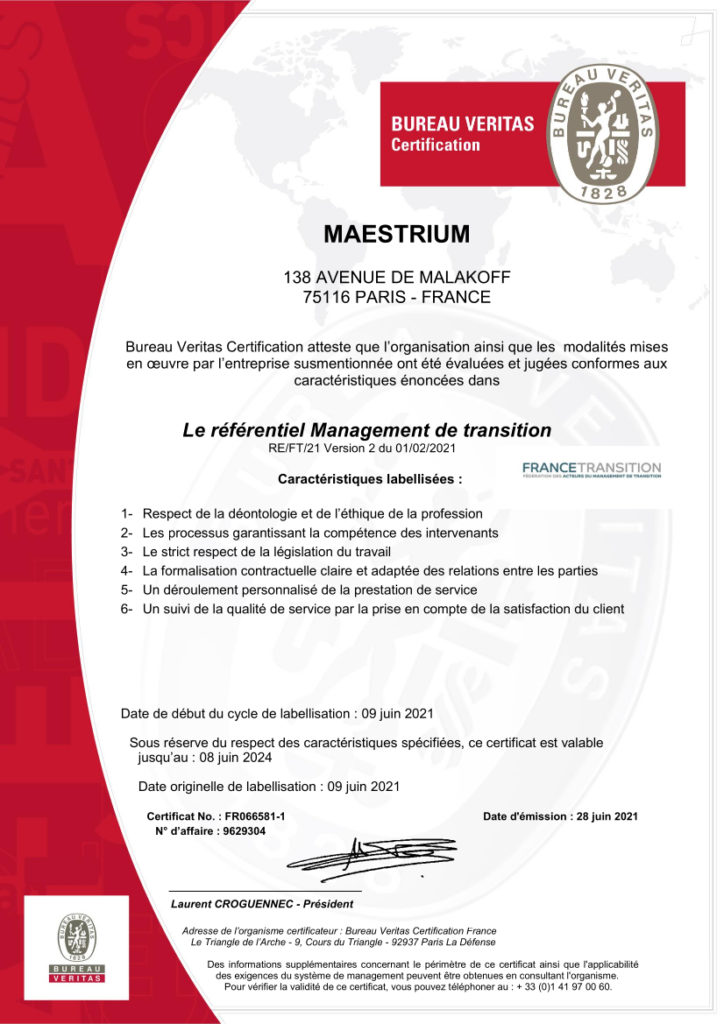 MAESTRIUM, agence de management de transition, a été labelisé Bureau Veritas pour ses bonnes pratiques